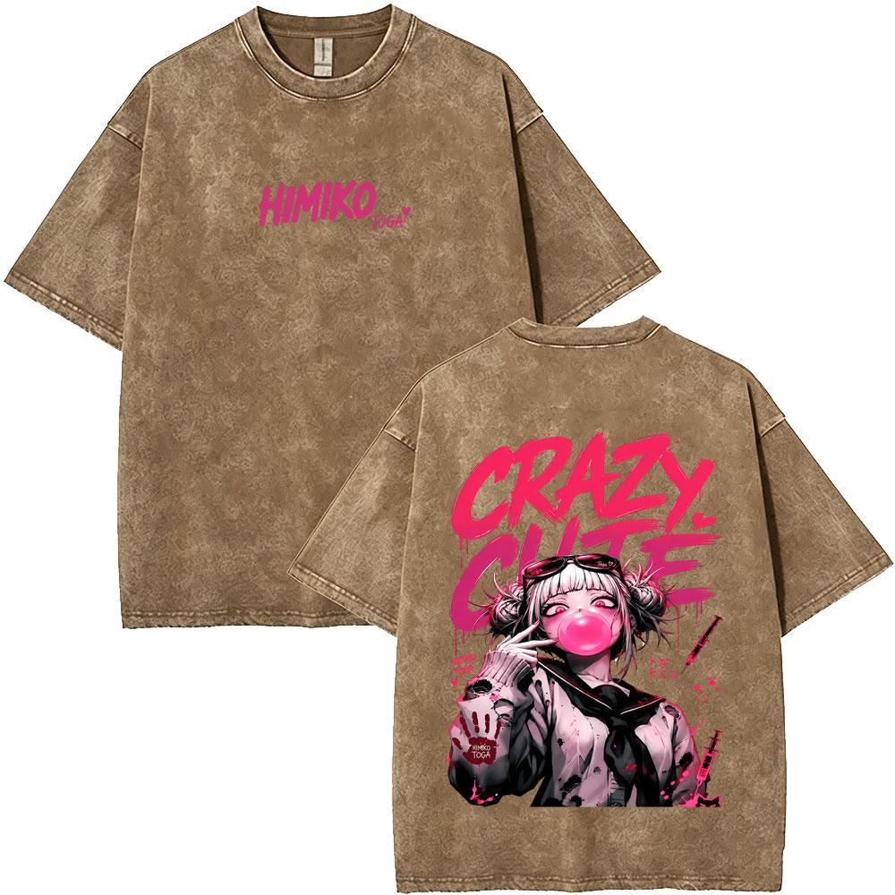 Washed Vintage Anime My Hero Academia Himiko Toga Graphic T-shirt ga Casual T-shirts Unisex Y2k Oversized T Shirts