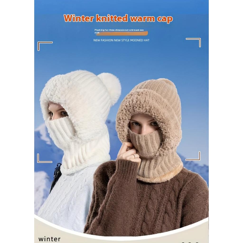 Women's Winter Hat Face Mask and Plush Earrings - Soft and Warm Full Face and Head Cover- Soft Fleece Lining Women's Winter Hat