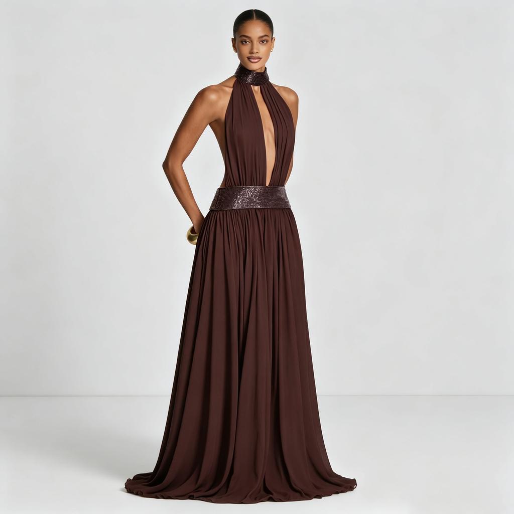 Women's New French Sequined Hollow Neck Dress Waist Sexy Backless European and American Style Chiffon Dress