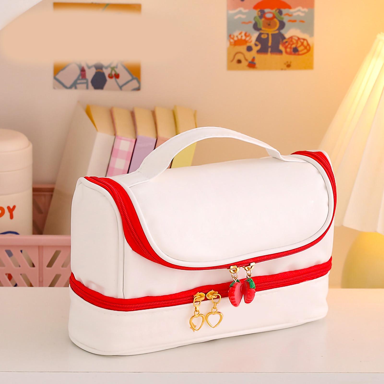 Pencil Bag Cute Cartoon PU Waterproof 2 Layer Portable Pen Storage Case with Strawberry Shaped Double Zipper Red