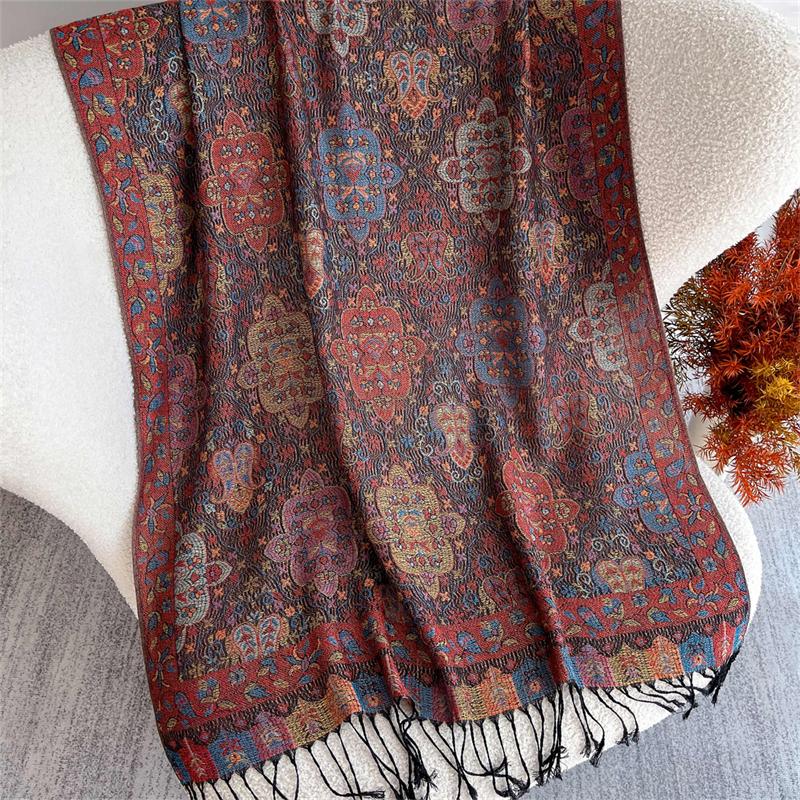 Tassel Blanket Design Thick National Flowers Pashmina Autumn Warm Shawls Wrap Cashmere Scarf for Women Poncho Stoles Scarf