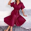 New Summer Women Casual Loose Lapel Neck Button Dress Shirt Skirt Solid Color Lace Up