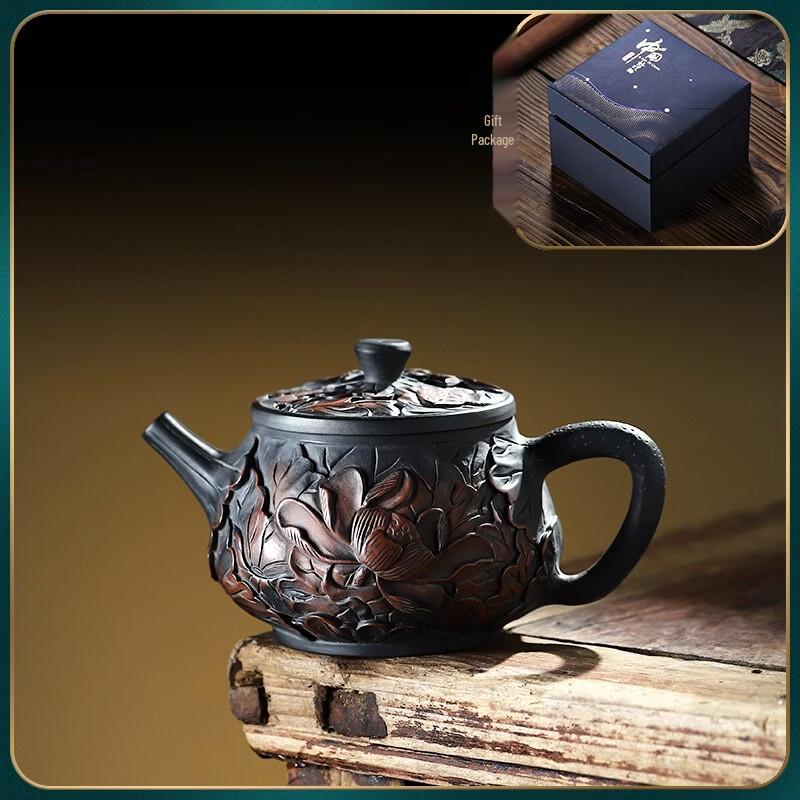 Purple Clay Teapot Set with Lotus Relief Carving