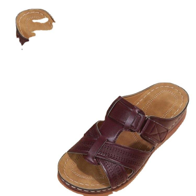 Exclusive for 2025202544 Large Size Women's Shoes Hollow Wedge Heel Velcro Sandals Women's Thick-soled Half Slippers
