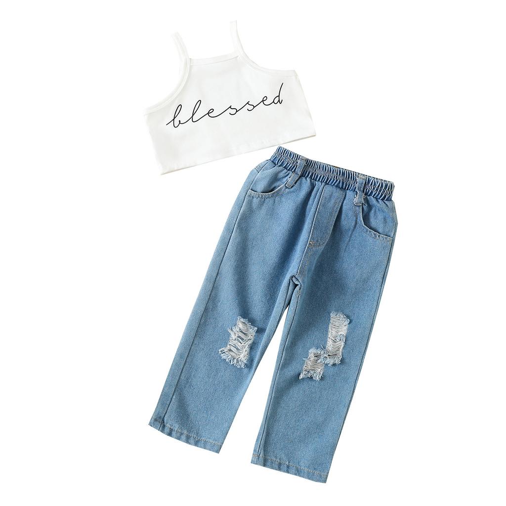 Summer Children's Fashion Short Letter Halter Top and Wide-leg Pants Two-piece Set