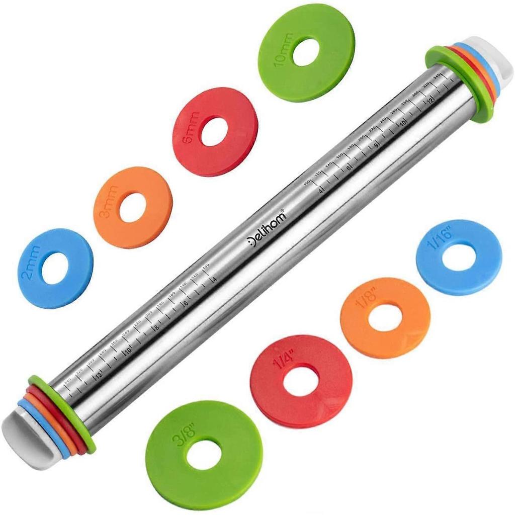 Rolling Pin, Stainless Steel Rolling Pin with 4 Adjustable Discs, Non-Stick Rolling Pin for Pie Dough Pizza Pie Cookies and Pastries