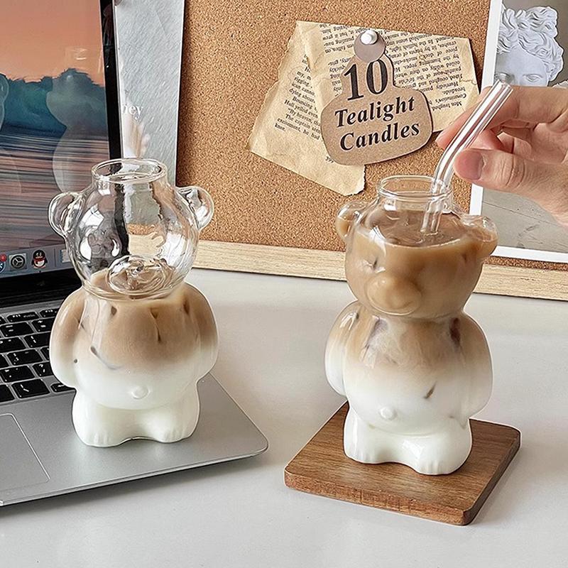 Cartoon Bear Shaped Coffee Mug Cute Bear Mug Glass Cup With Straw Transparent Creative Glass Juice Cup Milky Tea Cup