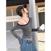 Spring design slanted shoulder striped bottoming shirt women's niche slim-fit Spice Girl long-sleeved T-shirt off-shoulder top tide