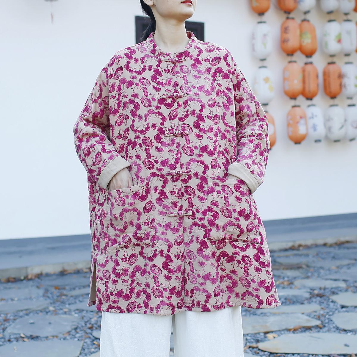 

Johnature Women Vintage Print Floral Jackets Stand Long Sleeve Coats Spring Button Chinese Style Soft Loose Jackets One Size