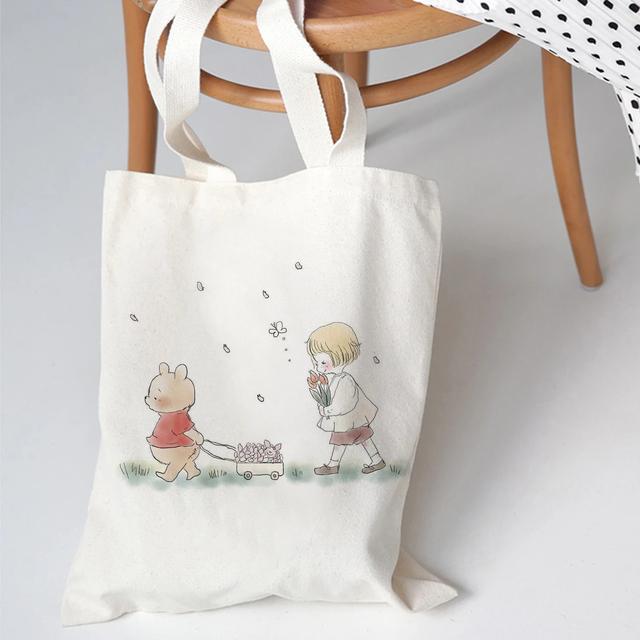 Wiederverwendbare Damen Canvas One Shoulder Cartoon Printing Einkaufstasche Baumwolle Umweltfreundliche Einkaufstasche Damen 2022 Student Handtasche T
