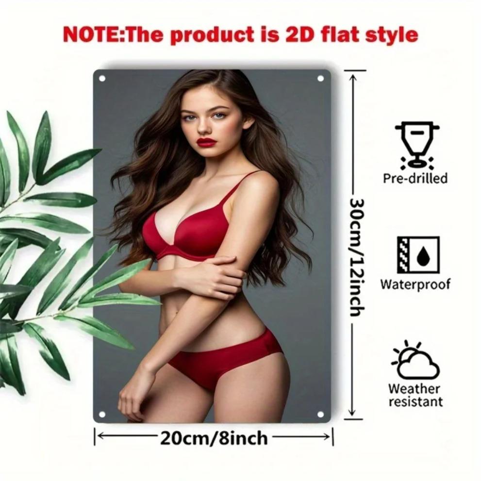 Metal Wall Art Decor, Red Lingerie Woman Sign, Durable Iron Wall Hanging for Bedroom Bar Cafe, Easy Mount Modern 2D Flat Christm