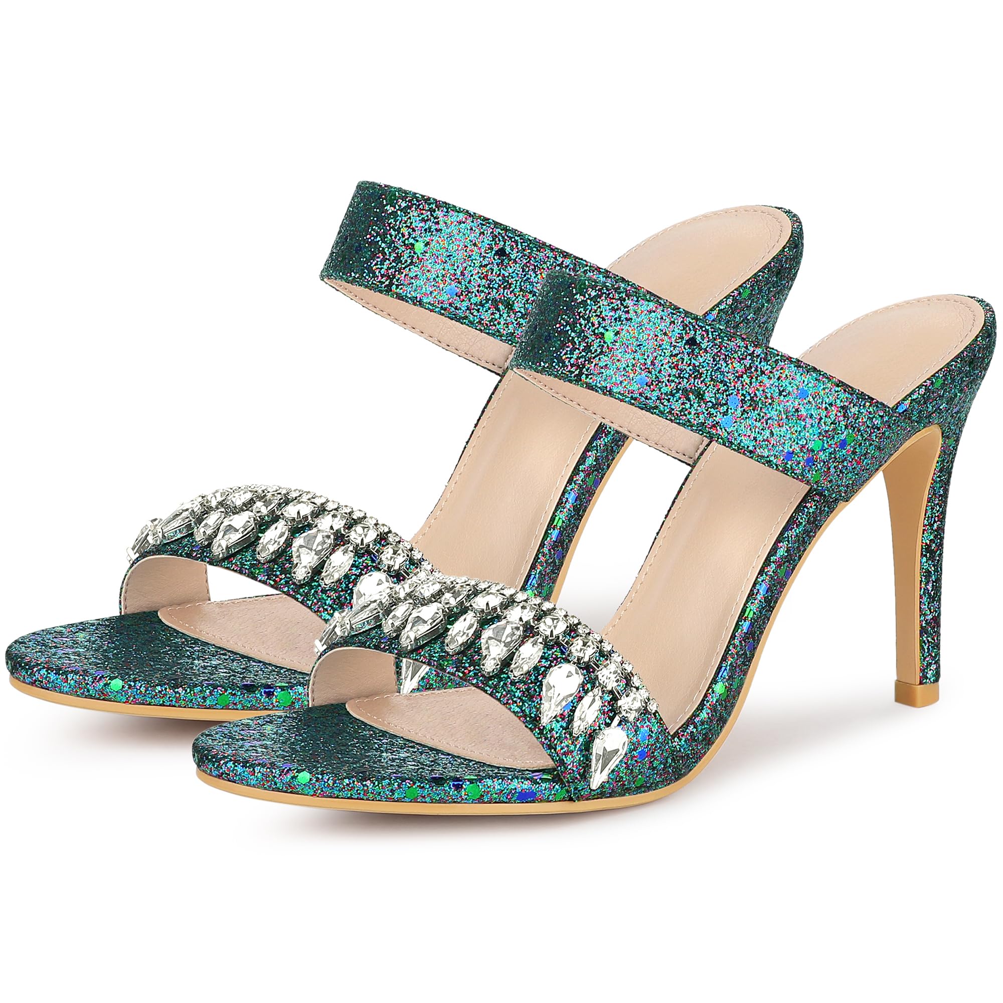 Allegra K Glitter Rhinestone Open-Toe Stiletto Heel Mule Sandals Women s Green Size 240 cm 6400₽
