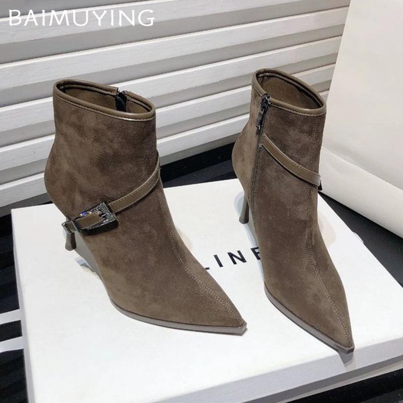 High Heels Women Ankle Boots Sexy Suede Pointed Toe Crystal Buckle Shoes 2025 Trend Designer Pumps Goth Winter Botas De Mujer