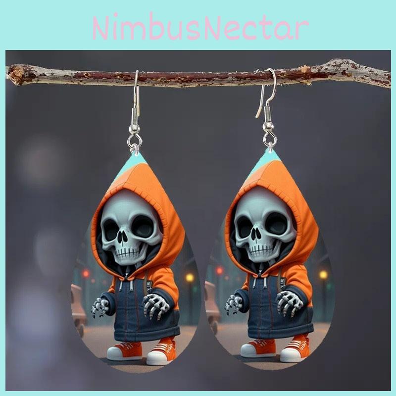 Halloween Themed Hooded Jacket Skull Pattern Droplet Shaped Acrylic Earrings For Unisex Halloween Costume