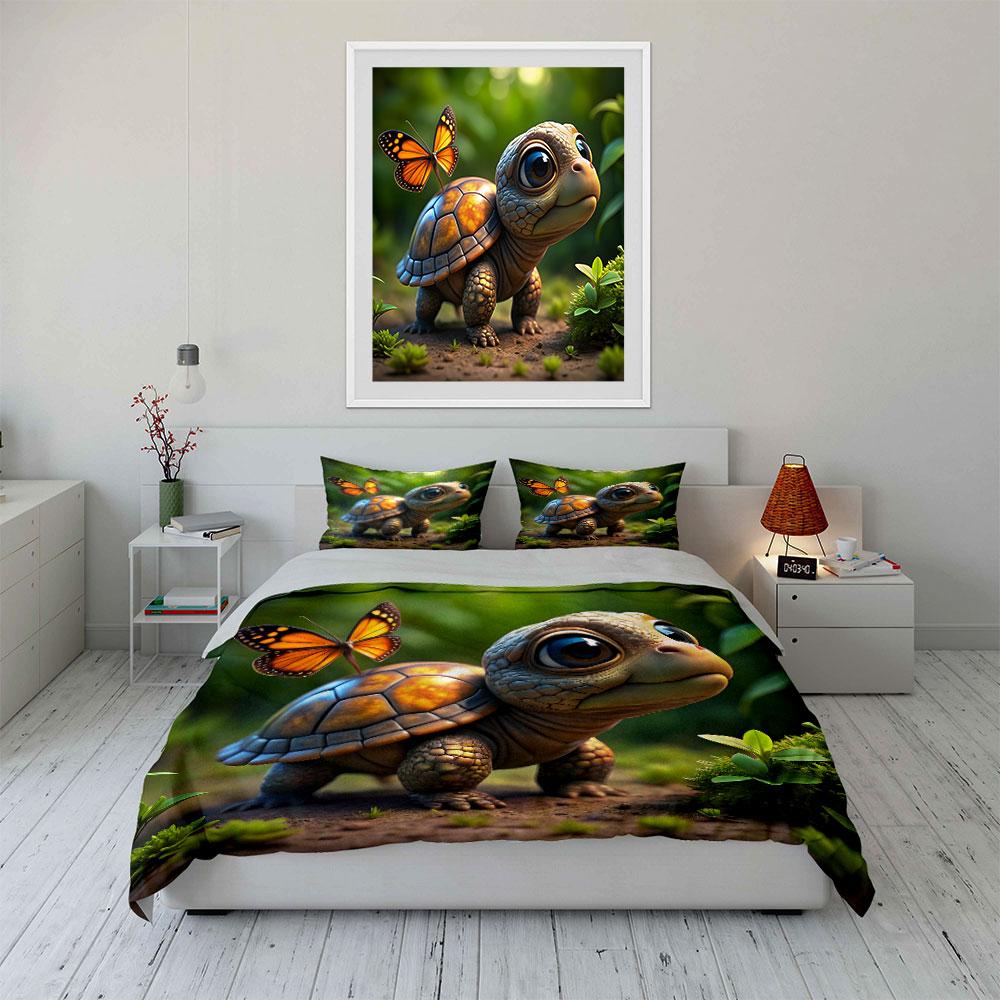 Turtle and Butterfly in Fairy Forest Print Bedding Set 1Duvet Cover 2 Pillowcases for Adult and Children Luxury Gift Full Size