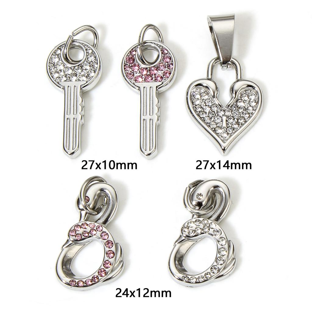1Piece 304 Stainless Steel Heart Swan Charms Rhinestone Lock Key Pandants For Jewlery Making Diy Necklace Bracelet Supplies