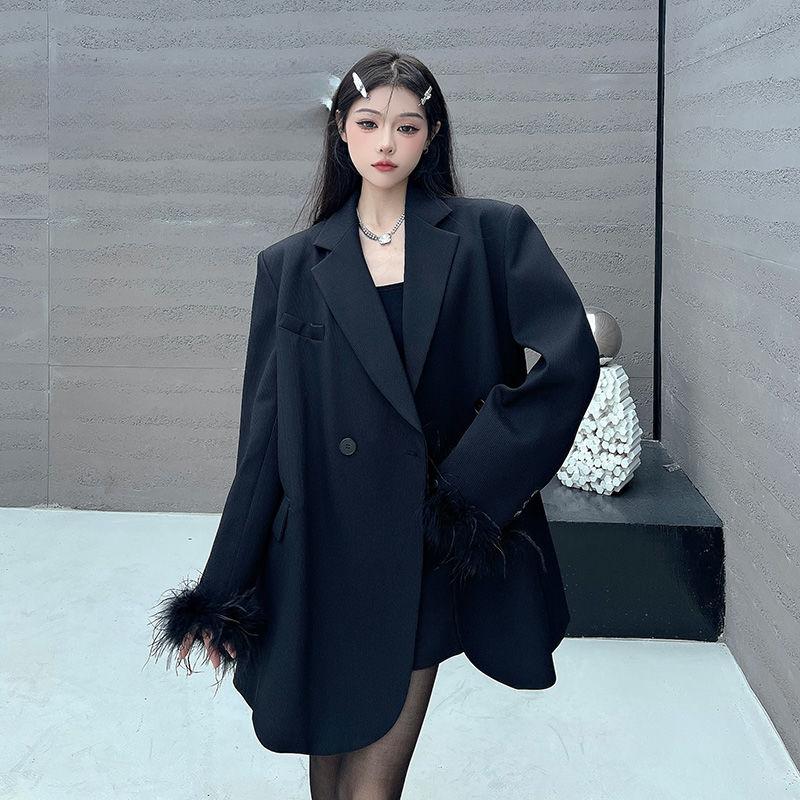 Premium Black Suit Jacket for Women, Sophisticated Long Loose Fit Blazer with Casual Style for Autumn