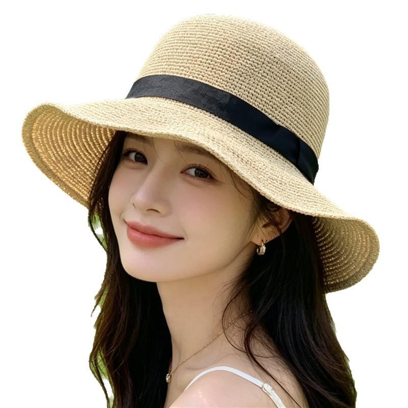 Fine woven Lafite straw hat women's sunshade sunscreen bucket hat seaside sun hat children's UV protection brim sun hat