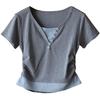 2025 Korean Style V-Neck Color Block Waist-Slimming Two-Piece Look Short-Sleeve T-Shirt