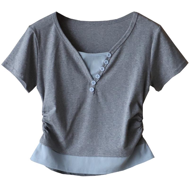 2025 Korean Style V-Neck Color Block Waist-Slimming Two-Piece Look Short-Sleeve T-Shirt