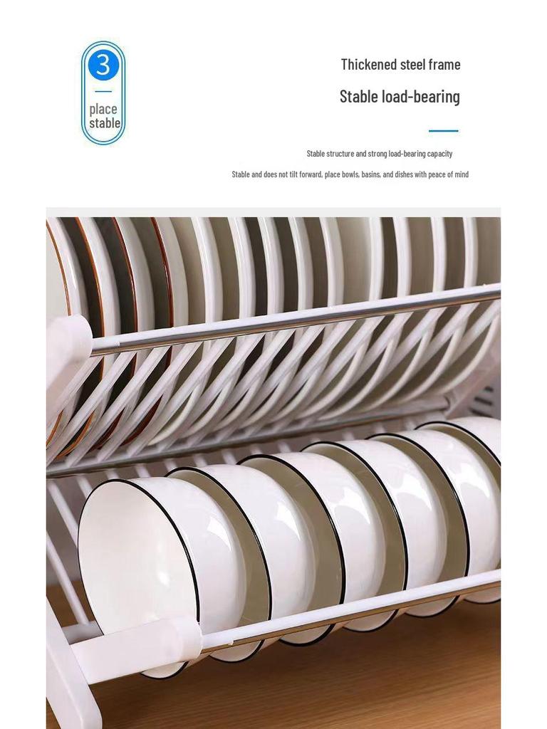 Double Layer Folding Dish Rack with Cutlery Storage - No Installation Needed