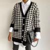 Women's Houndstooth Knit Cardigan: Autumn/Winter 2025, Loose V-Neck, Long Sleeve, Mid-Length Sweater Coat