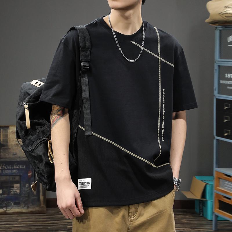 

Мужская футболка American High Street Splicing Cotton - свободный крой, короткий рукав, летний стиль 4XL (Weight 200-220 jin)