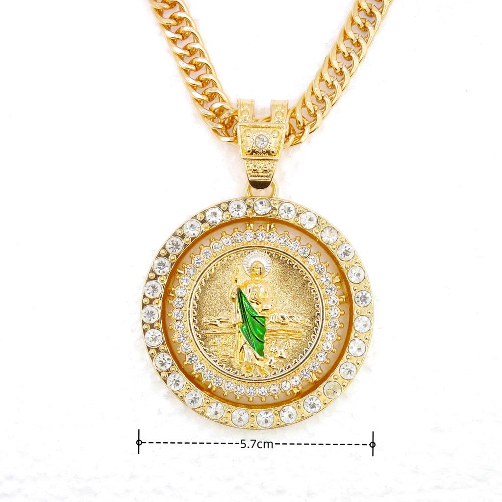 14K Gold-Plated St. Jude Virgin Mary Coin Pendant Necklace with Rotating Wheel Hip-Hop Style Cuban Chain Zircon