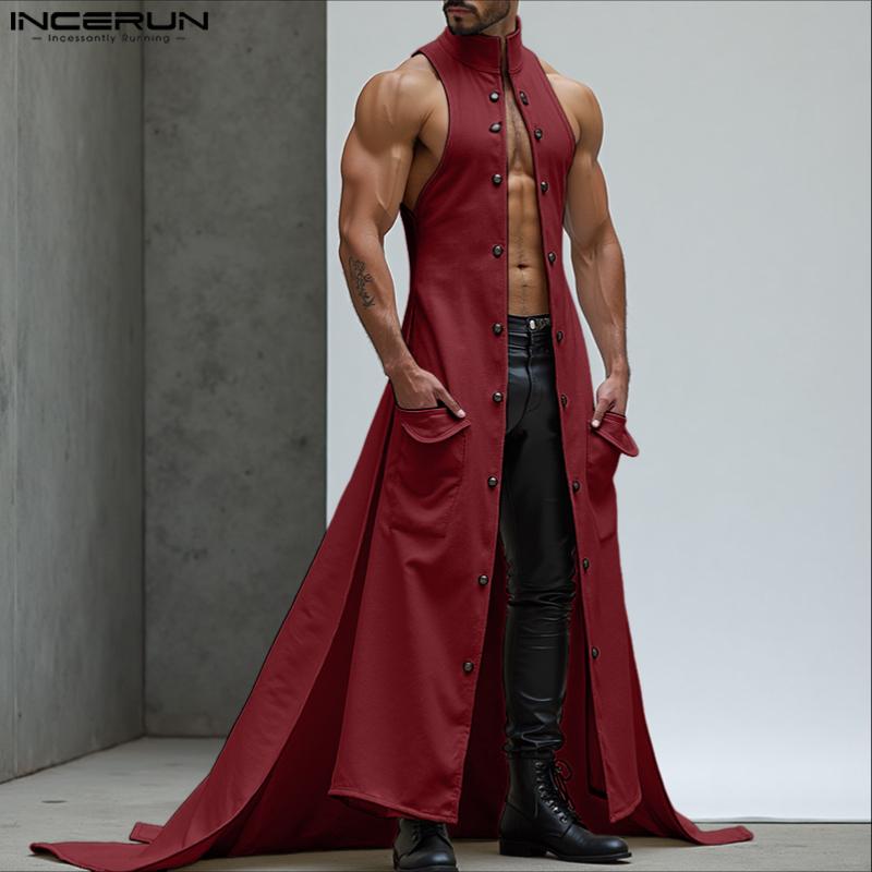 INCERUN Men Stand Neck Sleeveless High Low Splits Long Vest Cardigan Coats
