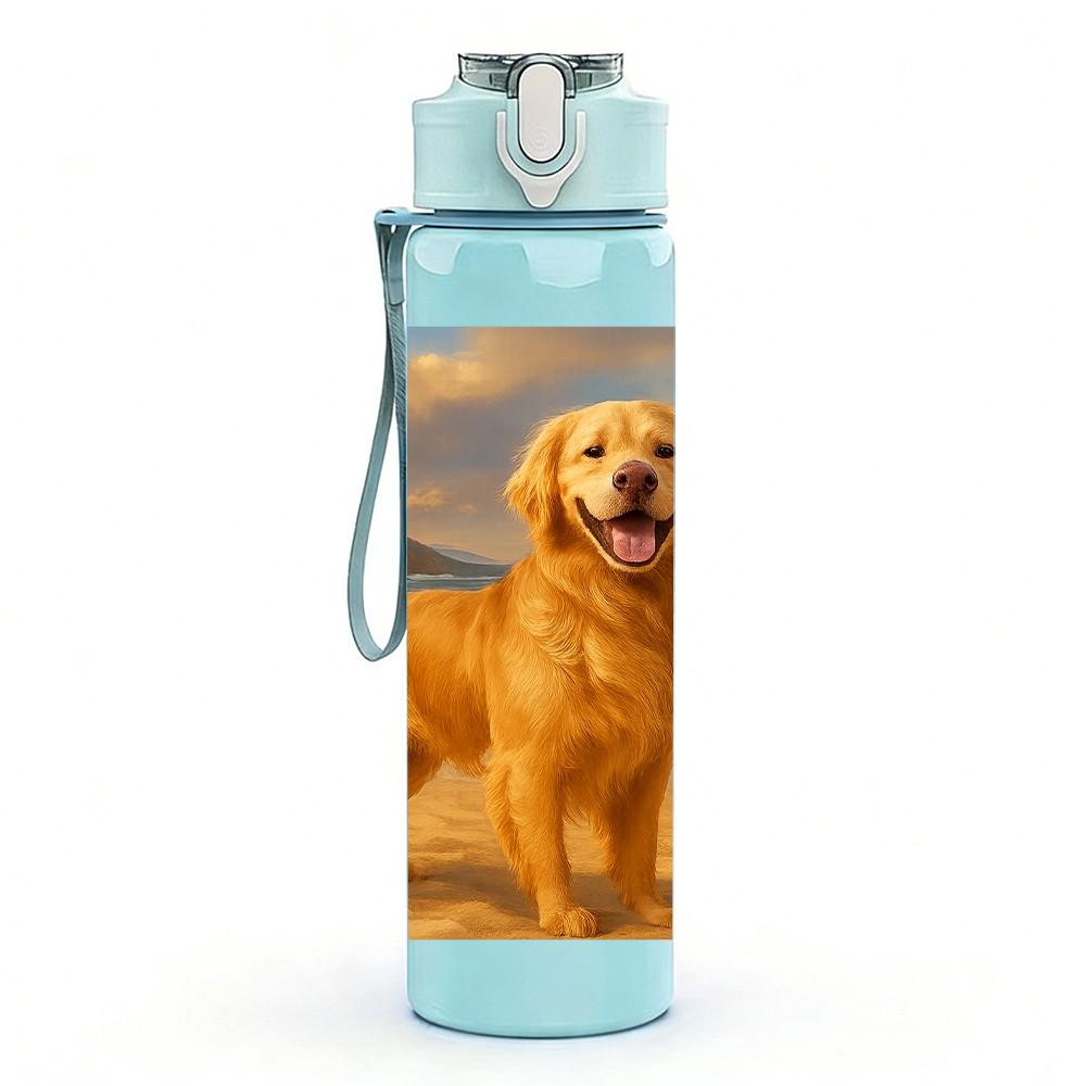 1PC Golden Retriever Beach Scene Print 750ml Color Plastic Sports Water Bottle Leakproof Flip Straw Lid Suitable for Sports Office Home Use