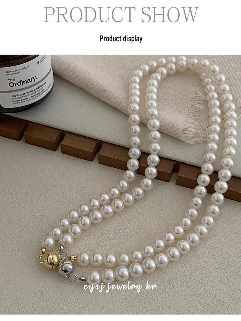 Cui Yan S925 Sterling Silver Korean Style Pearl Magnetic Clasp Necklace for Women - Elegant Versatile Clavicle Chain