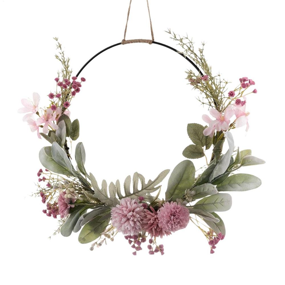 

Artificial Flower Door Wreath With Pink Flowers And Green Leaves Round Door Hanger ring For Spring Summer Door Hanging рожевий