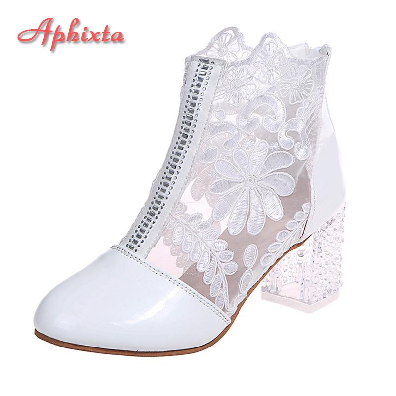 Fashion Aphixta Plus Size 43 Summer Breathable Sandals Boots Women Lace Air Mesh Crystals Transparent Square Heels Back Zipper Boots