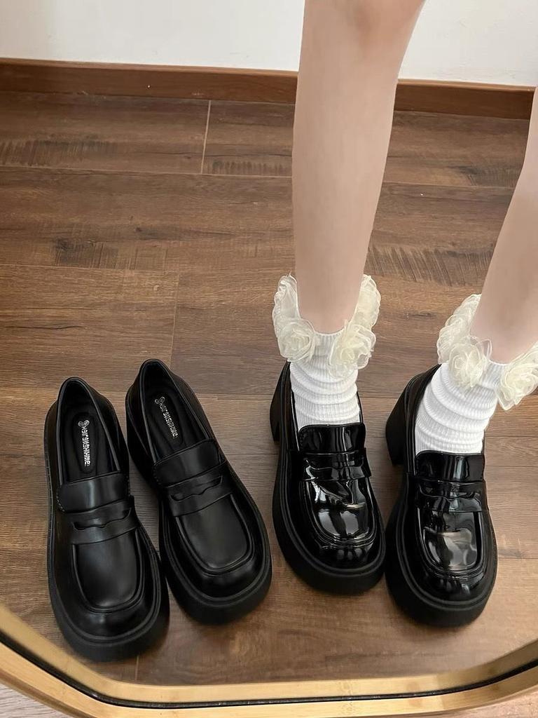 British college style black thick heel heightened platform small leather shoes women's summer new high heel loafers