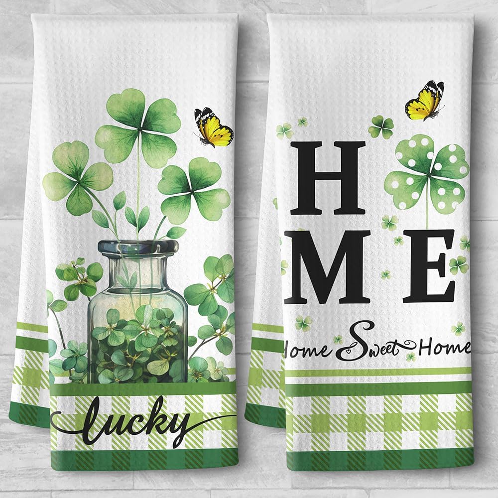 St Patricks Day Luck Green Kitchen Towels - Shamrock Wreath Quick-Dry Embroidered 'Lucky' Centerpiece Art, Irish-Themed Decorative Hand Towel for