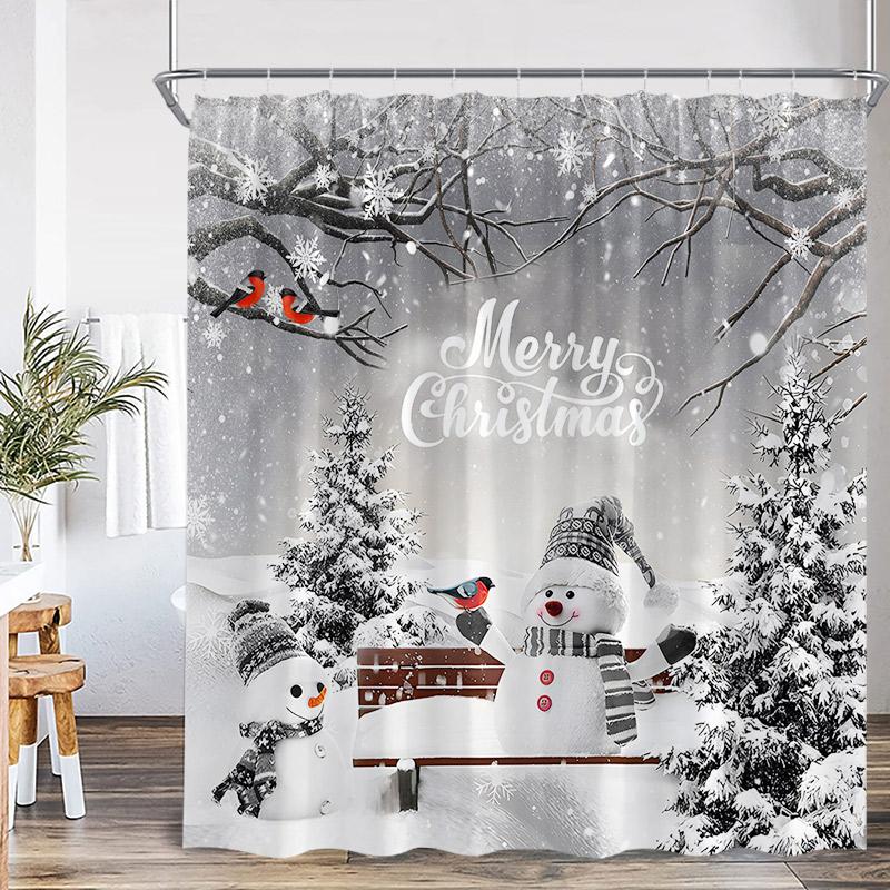 Funny Snowman Shower Curtain Silver Pine Branches Winter Forest Cedar Red Truck Elf Christmas Bath Curtains Home Bathroom Decor