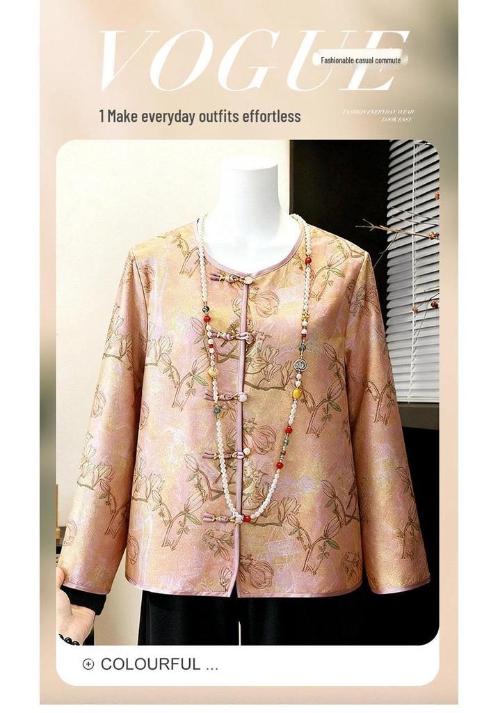 Spring/Autumn Floral Print Frog Button Coat for Middle-Aged & Elderly Women - Chinese Style Mother's Day