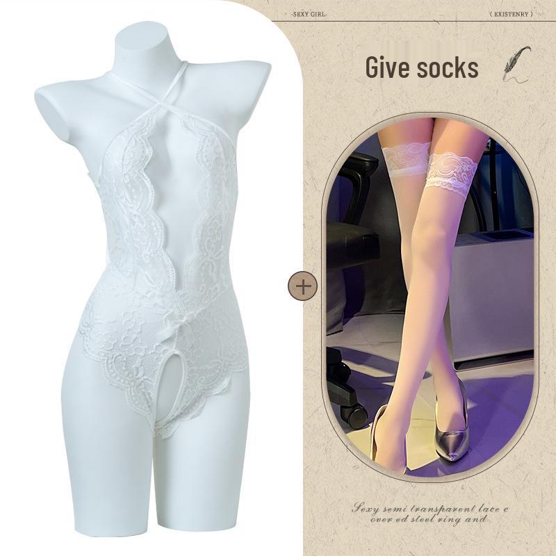 Women's Open Crotch See-Through Lace Bodysuit with Pearl Detail