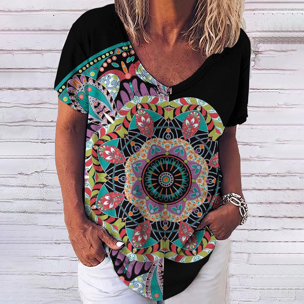 Summer T Shirt For Women 3d Fashion Geometric Print V Neck Short Sleeve Basic Tops Streetwear Casual Oversized Female Clothing