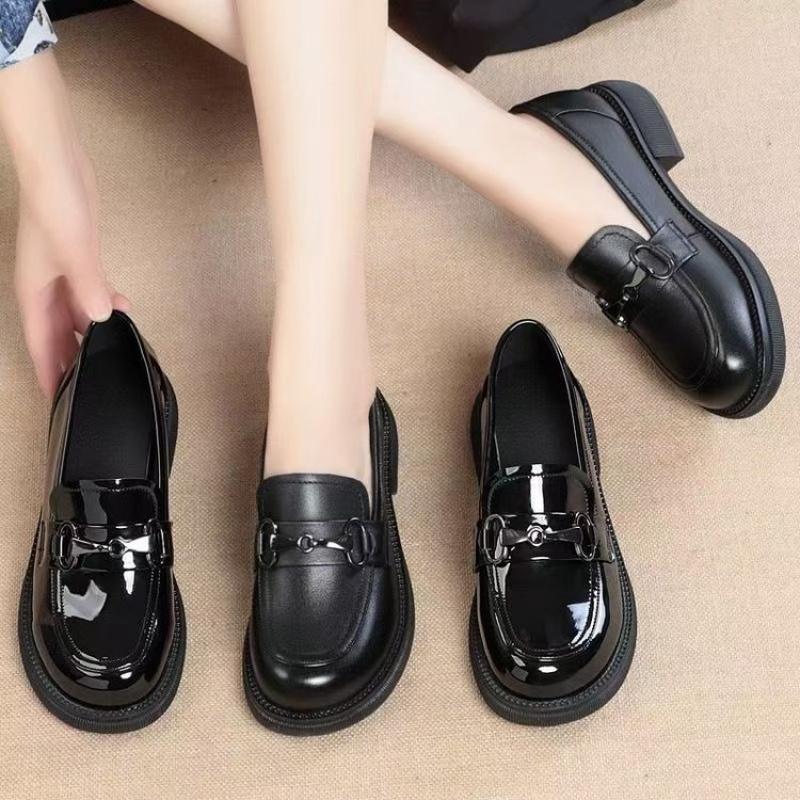 2025 Autumn New Style Slip-On Mid-CalfPULoafers Women Rubber Mid Heel Square Heel Low Cut Shoes Round Toe Casual Single Shoes