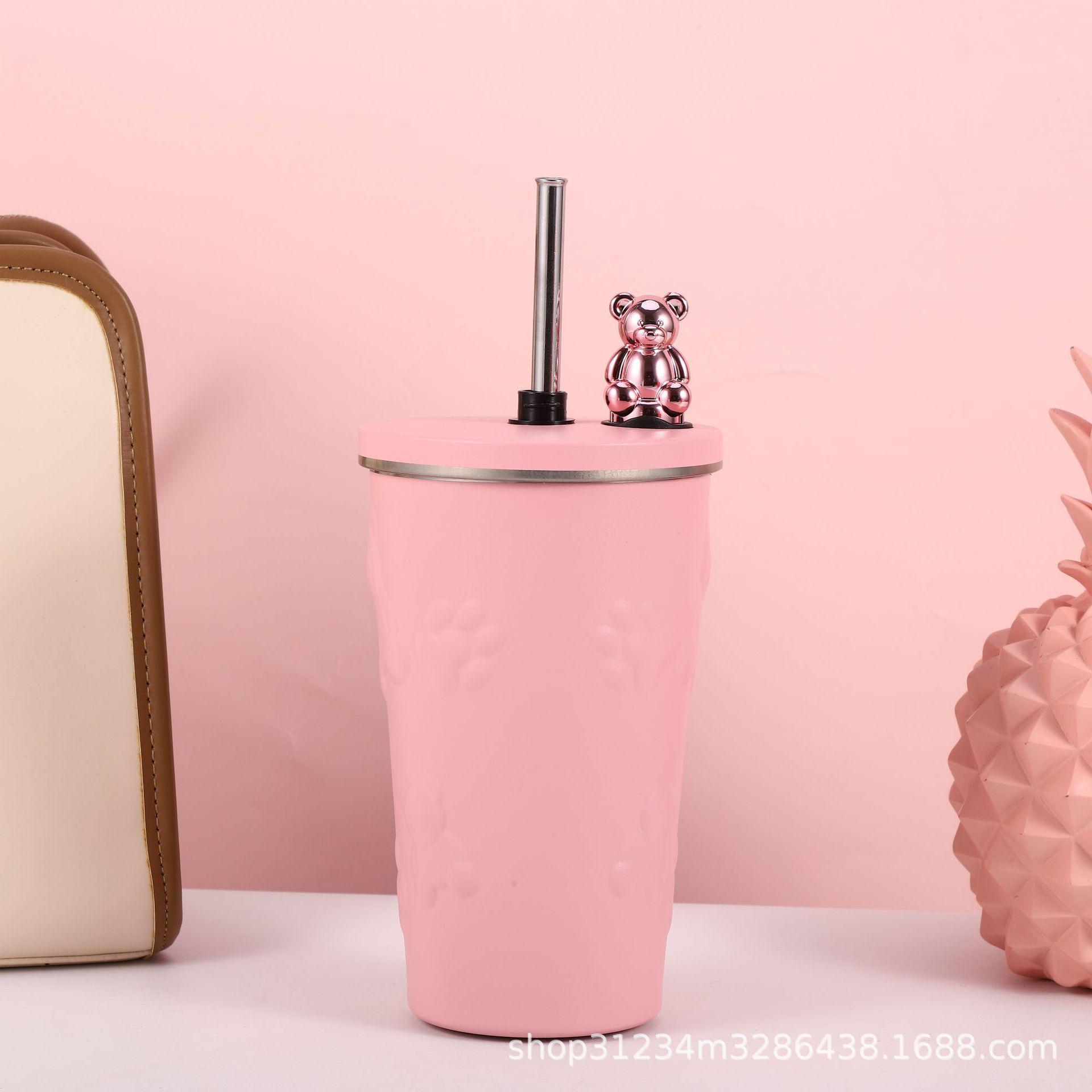 

Cartoon Bear Stainless Steel Insulated Coffee Cup with Straw - Portable and Vacuum-Sealed 600ml
