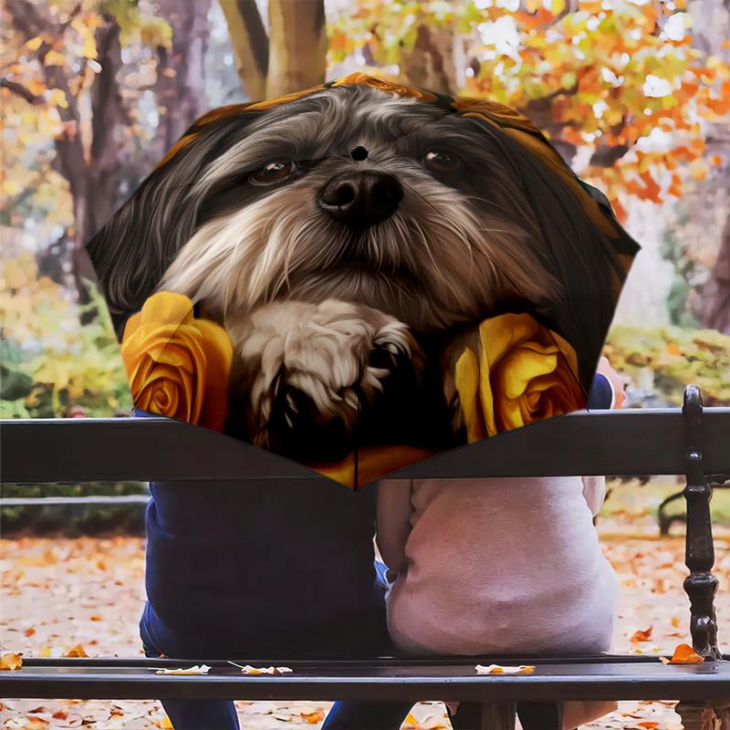 Muster mit Shih Tzu und Blumen, automatisch faltbarer Regenschirm, tragbares und faltbares Design, 8 Schirmstäbe, ein Weihnachts- oder Geburtstagsgeschenk.