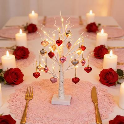 25" Valentine's Day LED Lighted Birch Tree 24 LEDs Artificial Tree Light with Heart Ornaments Romantic Tabletop Decoration for Home Indoor Table Decor