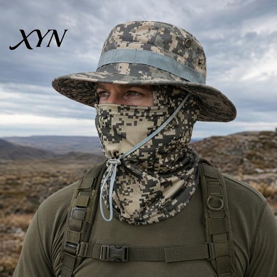 Quick-drying Hat Camouflage Sun with Balaclava Face Mask, UV Protection Men Wide Brim Hat, Breathable Bucket for Outdoor Fishing Hiking Cycling