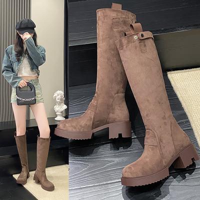 Mode Nouvelle Mode Femmes Bottes à Semelles Épaisses Daim Moins Longueur Genou Bottes Fines Chevaleresques Polyvalentes à Talons Épais Hautes Bottes de Chevalier