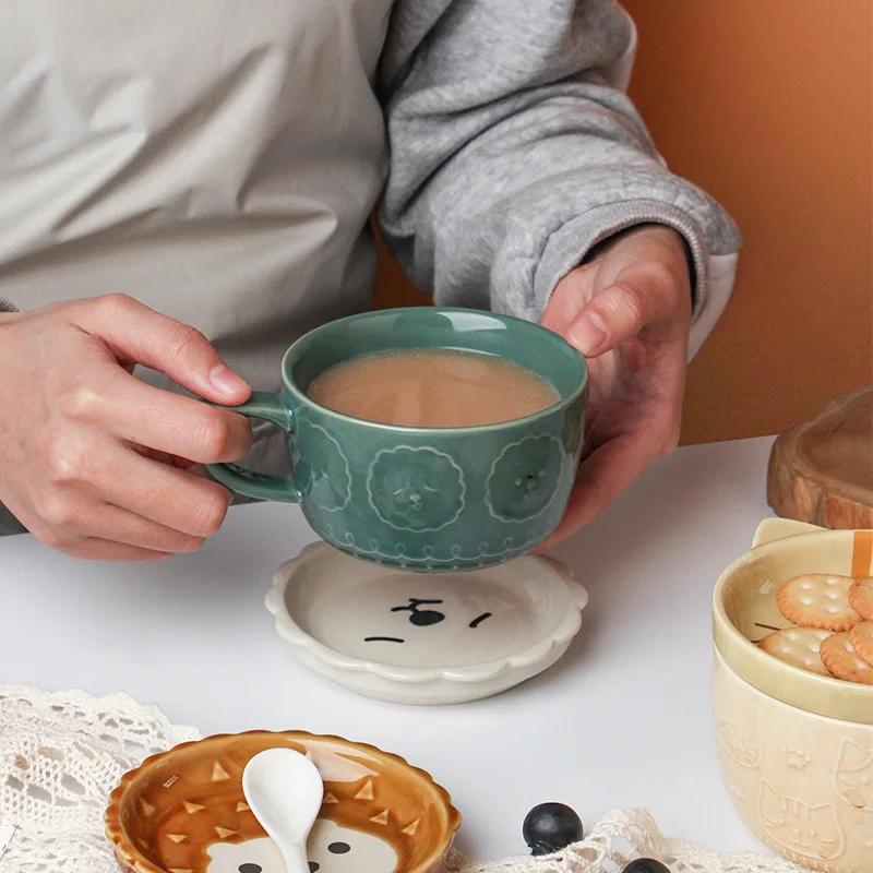 Ceramic Coffee Cups Mug Ceramics Cute Cat Cup Kids Breakfast Oat Milk Mugs Lid Personality Gift  Animal Cartoon Ceramic Cup