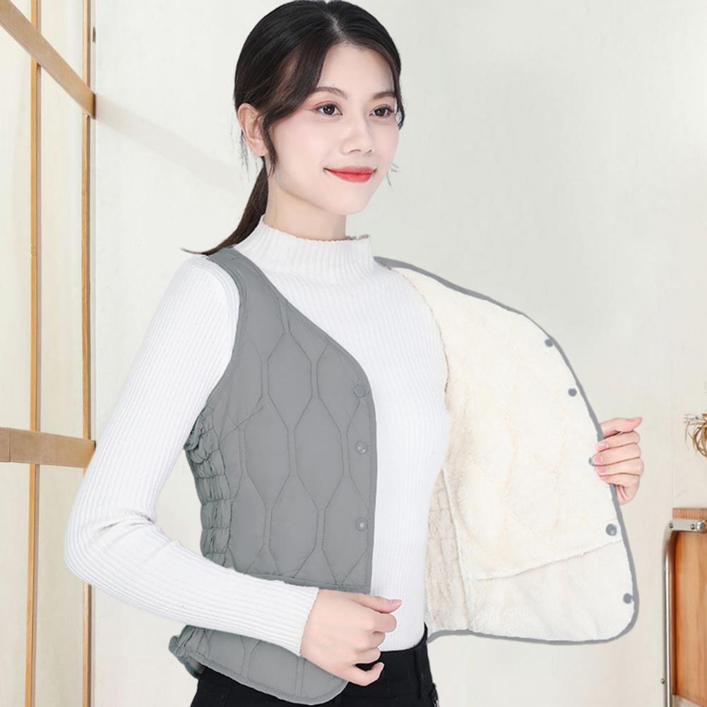 Winter Women Layering Vest Coat Thin Padded Button Closure V Neck Sleeveless Solid Color Windproof Heat Retention Outdoor Down C