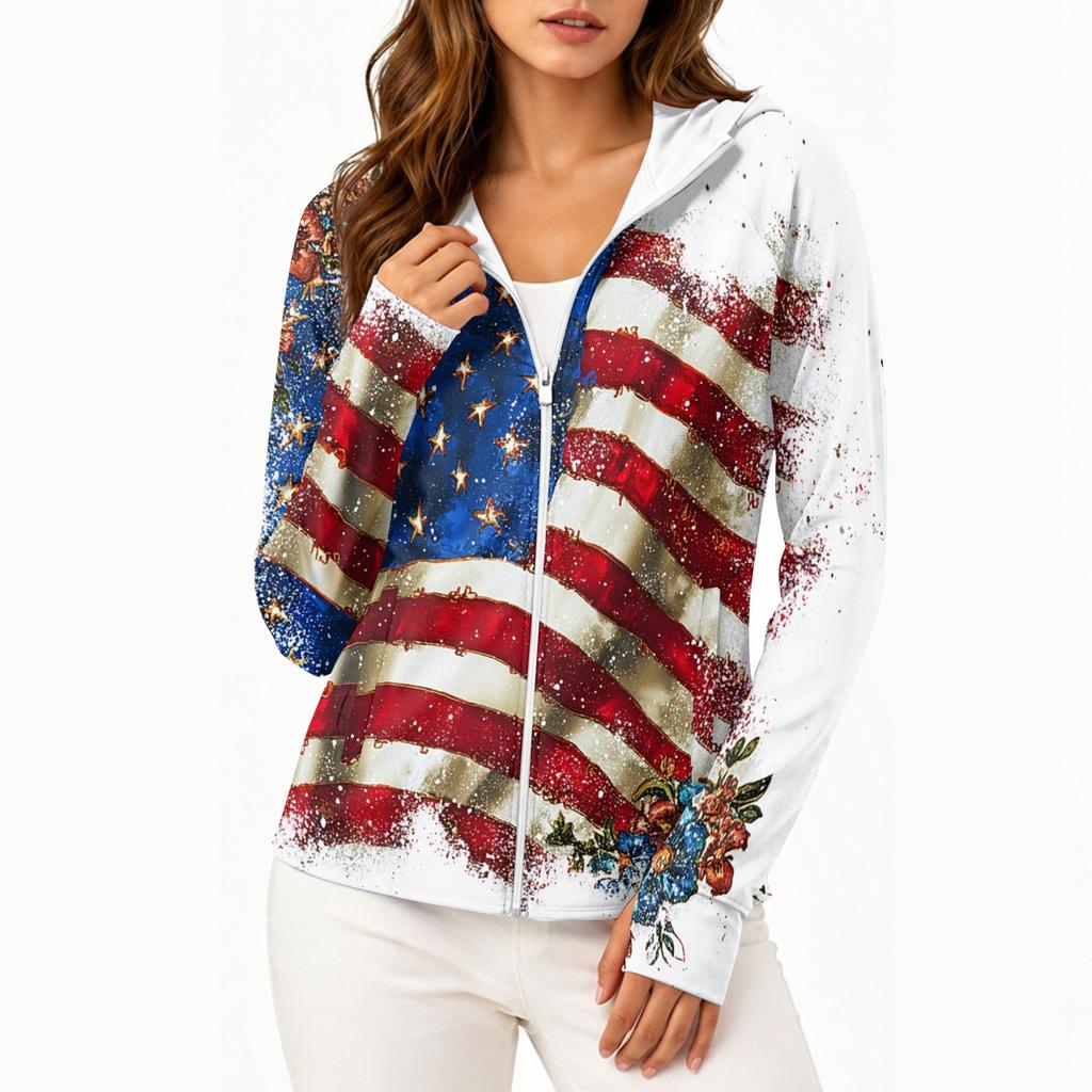 Women's Fashion Zip Up Hoodie Lightweight Long Sleeve Hooded Jacket with Pockets Printed Casual Outerwear for Sun Protection