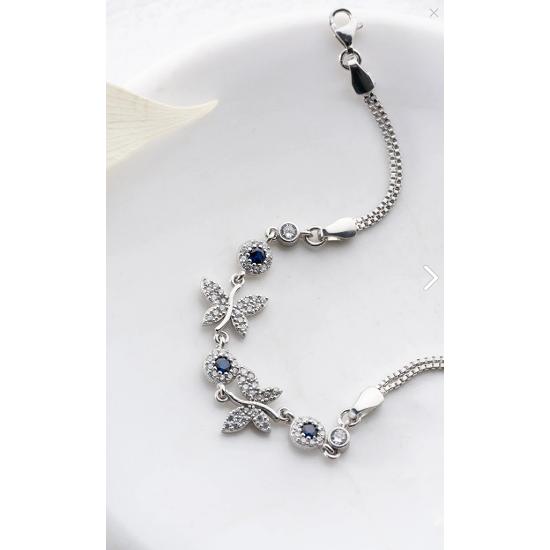 

Браслет из стерлингового серебра 925 пробы с двойной бабочкой и синим камнем, детализированный браслет высшего качества
