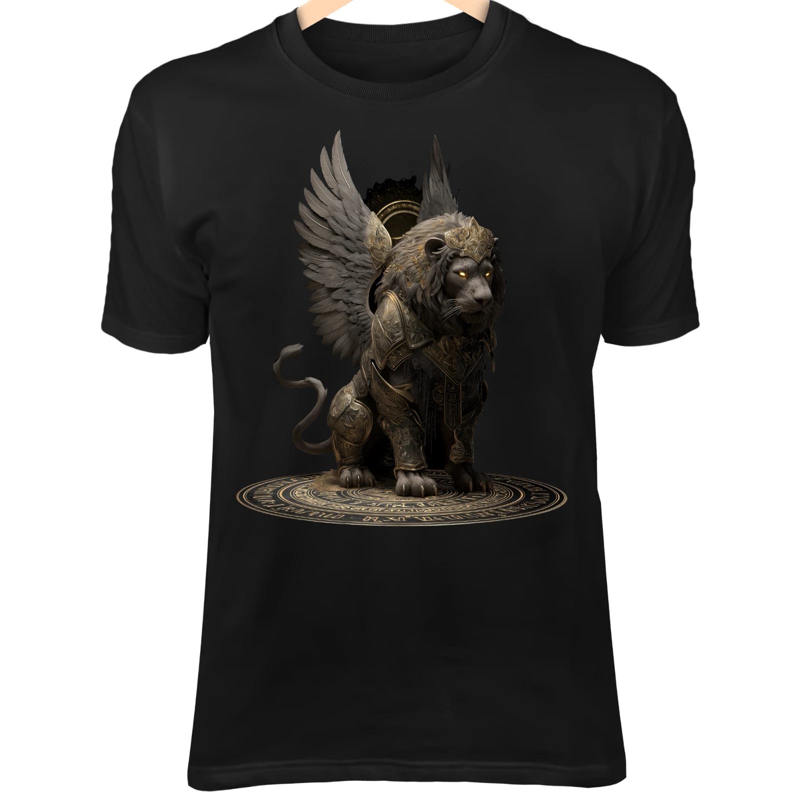 Sacred Lion II T-Shirt – Gothic Armor Wings, Glowing Eyes, Divine Guardian Art M